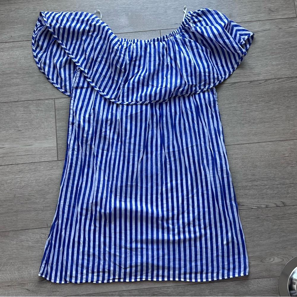 J.Crew‎ Blue White Stripe Off Shoulder Dress XS Cotton Ruffle